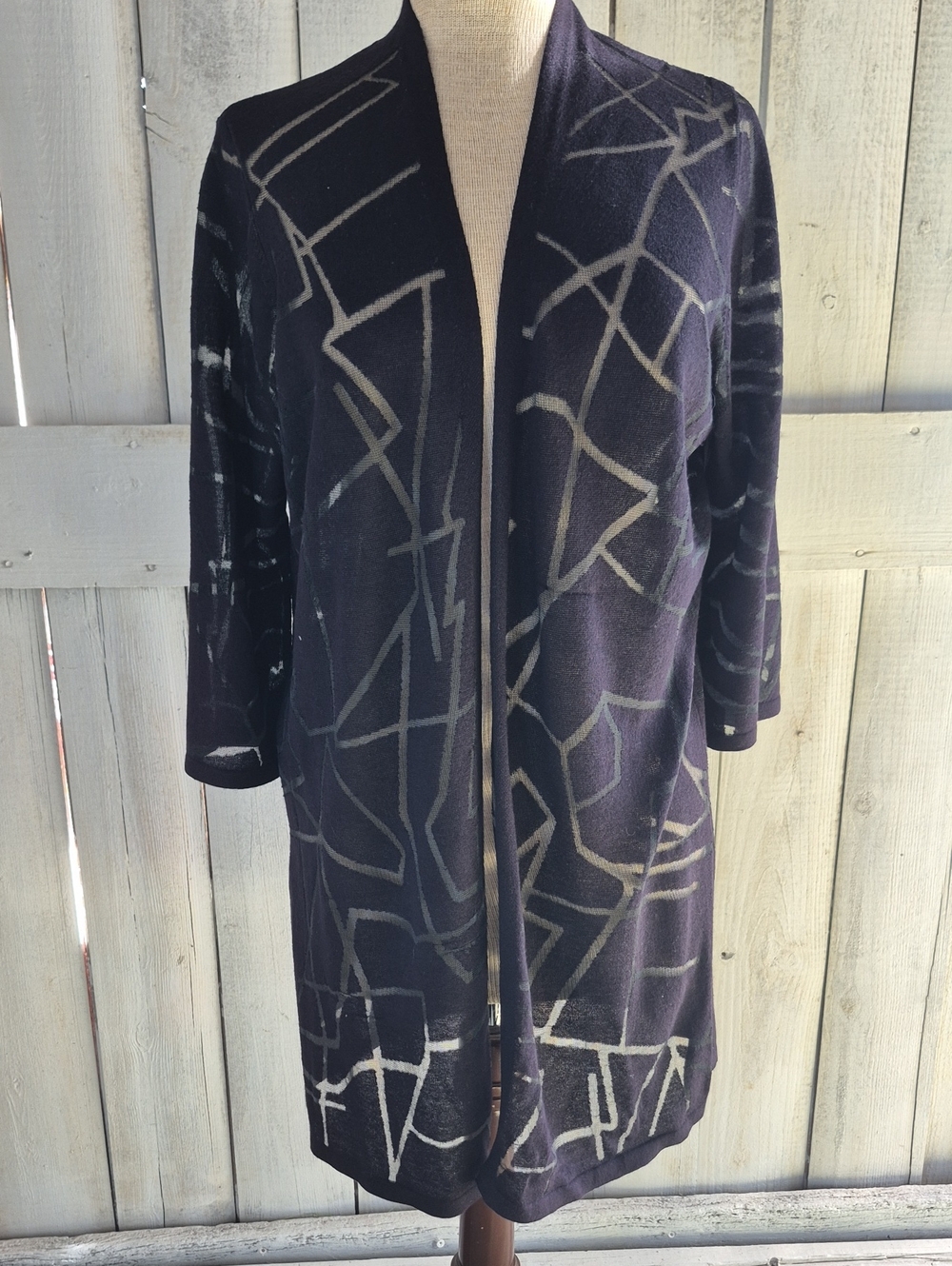 Chico's Black Open-Front Abstract Pattern Cardigan